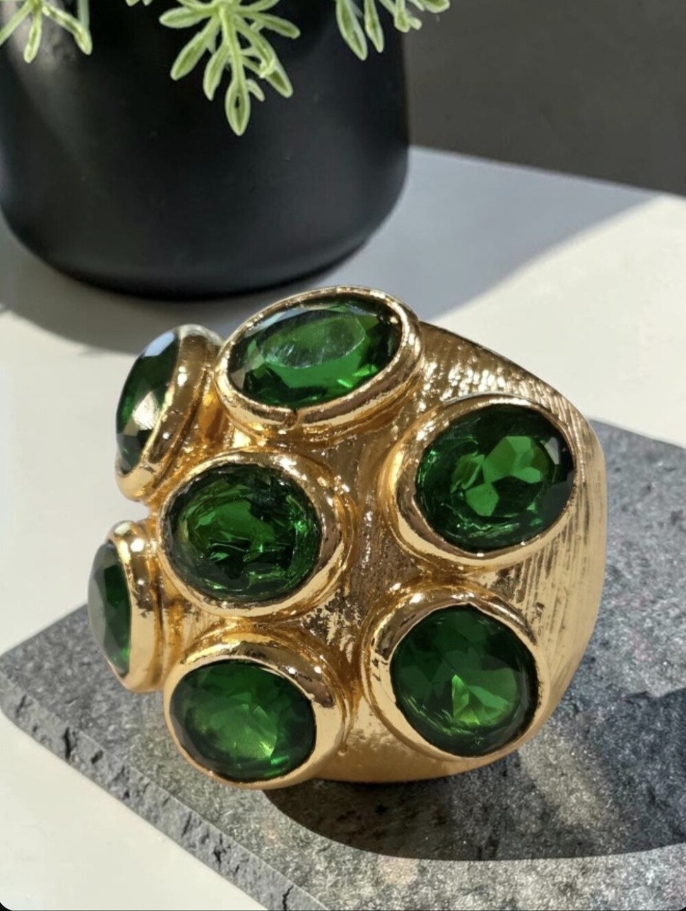18k Gold Plated Chunky Artisan Emerald Crystal Domed Oversized Statement Ring